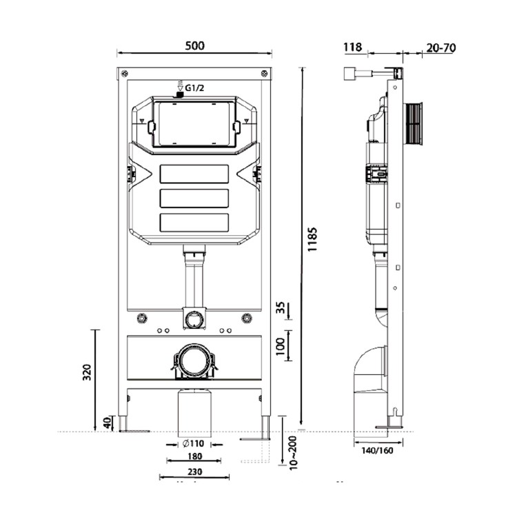 Concealed Dual Flush Cistern 1180mm Wall Mounted WC Frame with  Dual Flush Plate in Chrome - Live Your Colour