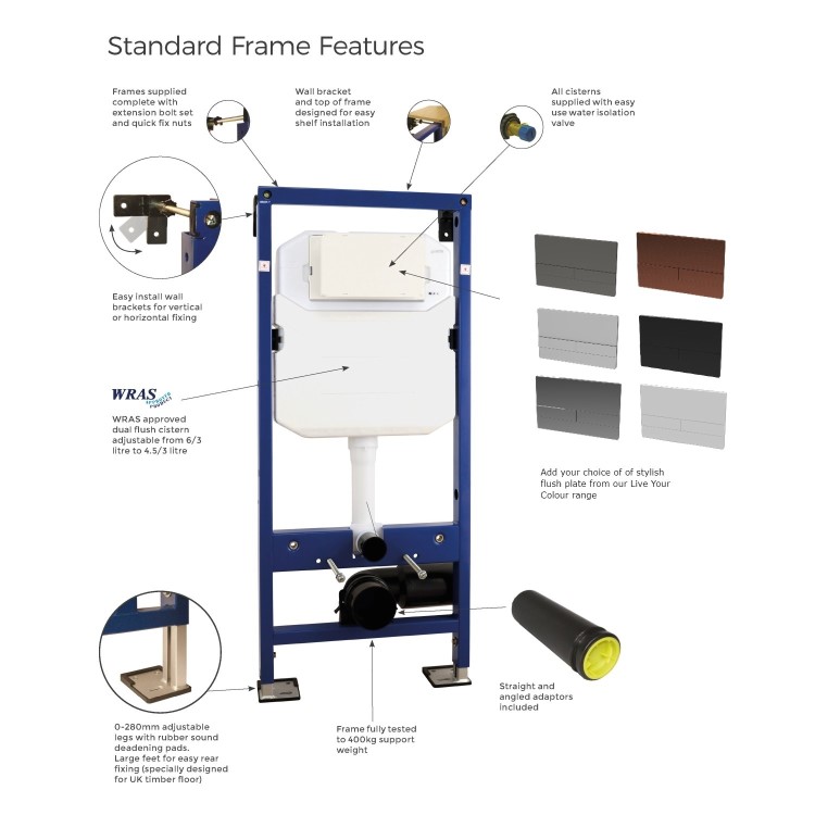 Concealed Dual Flush Cistern 1180mm Wall Mounted WC Frame with  Dual Flush Plate in Gunmetal - Live Your Colour