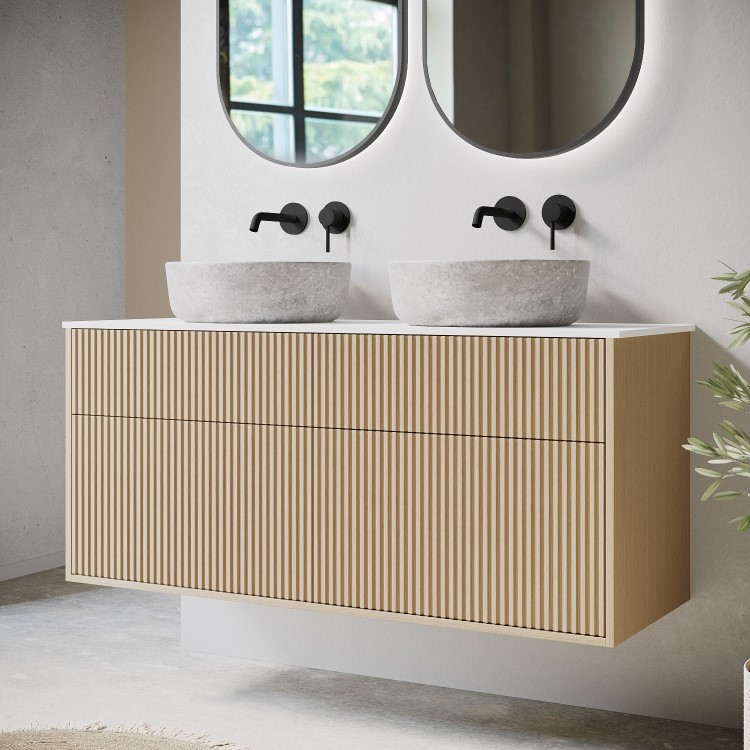 1250mm Wooden Fluted Wall Hung Double Countertop Vanity Unit with Stone Effect Basins - Matira