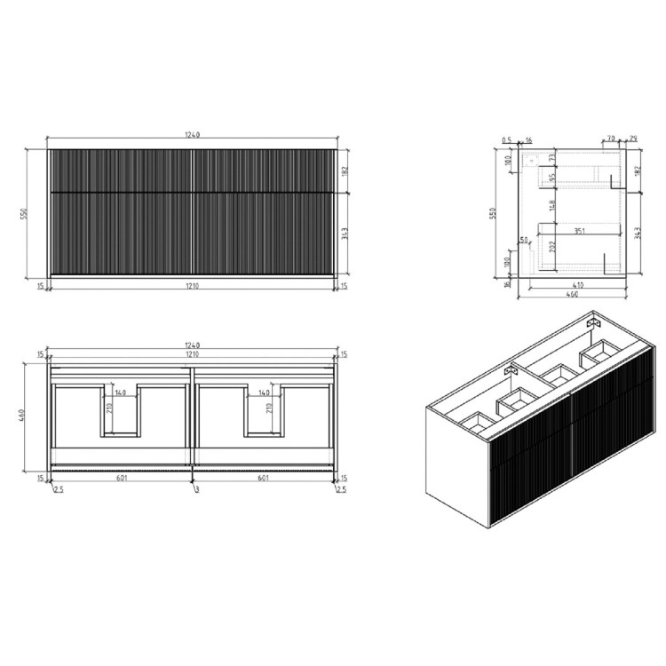 1250mm Wooden Fluted Wall Hung Double Countertop Vanity Unit with Stone Effect Basins - Matira