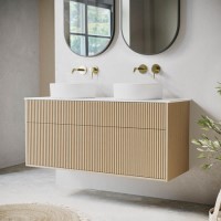 1250mm Wooden Fluted Wall Hung Double Countertop Vanity Unit with Round Basins - Matira