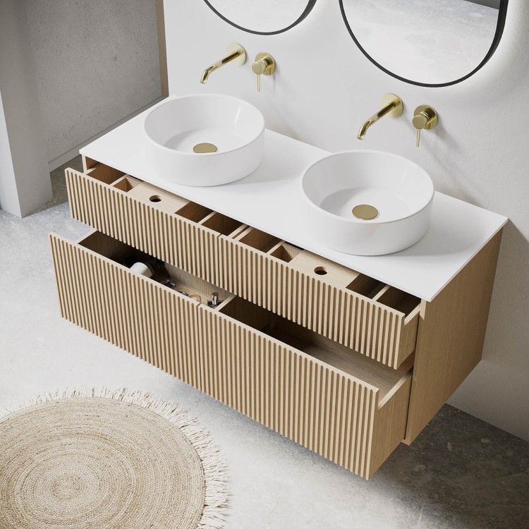 1250mm Wooden Fluted Wall Hung Double Countertop Vanity Unit with Round Basins - Matira