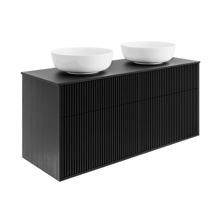 1250mm Black Wooden Fluted Wall Hung Countertop Double Vanity Unit with Round Basin - Matira