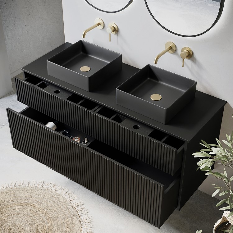 1250mm Black Wooden Fluted Wall Hung Countertop Double Vanity Unit with Black Square Basin - Matira