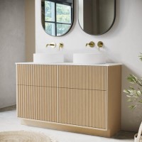 1250mm Wooden Fluted Freestanding Double Countertop Vanity Unit with Round Basin - Matira