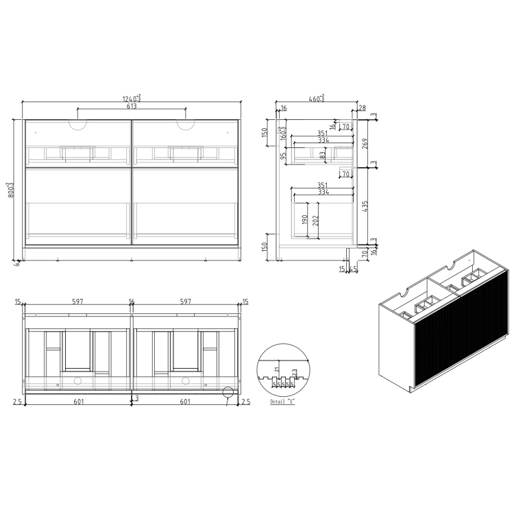 1250mm Wooden Fluted Freestanding Double Countertop Vanity Unit - Matira