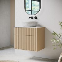 650mm Wooden Fluted Wall Hung Countertop Vanity Unit with Stone Effect Basin - Matira