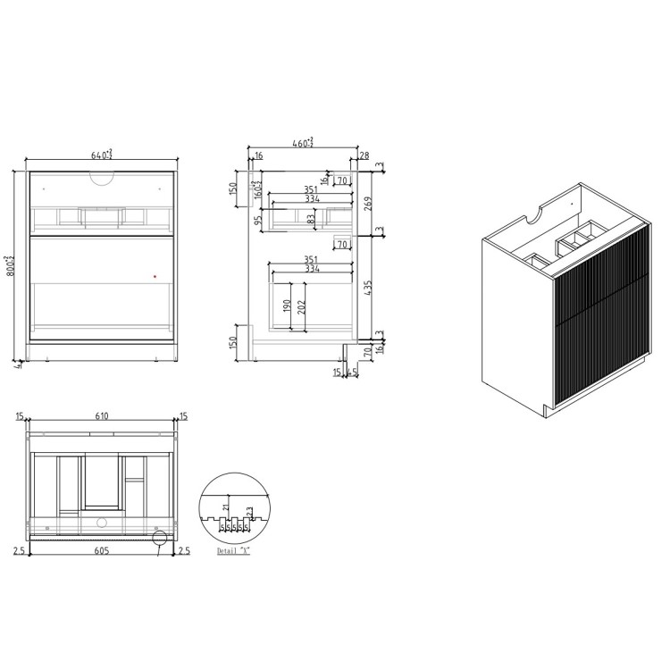 650mm Wooden Fluted Freestanding Countertop Vanity Unit - Matira