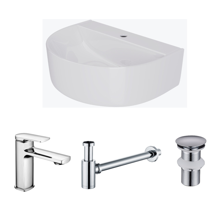 Round Wall Hung Basin 607mm with Chrome Tap Bottle Trap and Waste - Milos