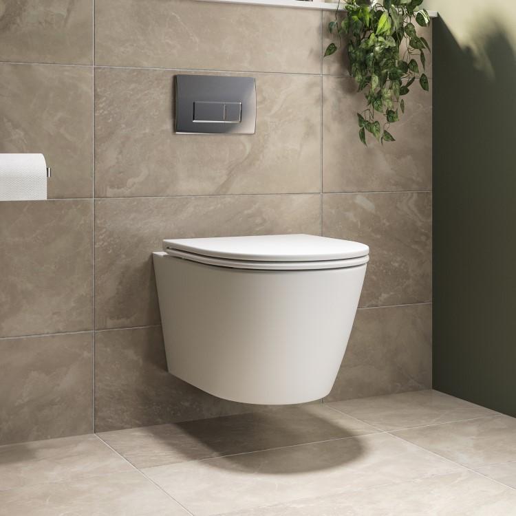 Matt White Wall Hung Rimless Toilet with Soft Close Seat, Chrome Pneumatic Flush Plate, 820mm Frame & Cistern - Newport