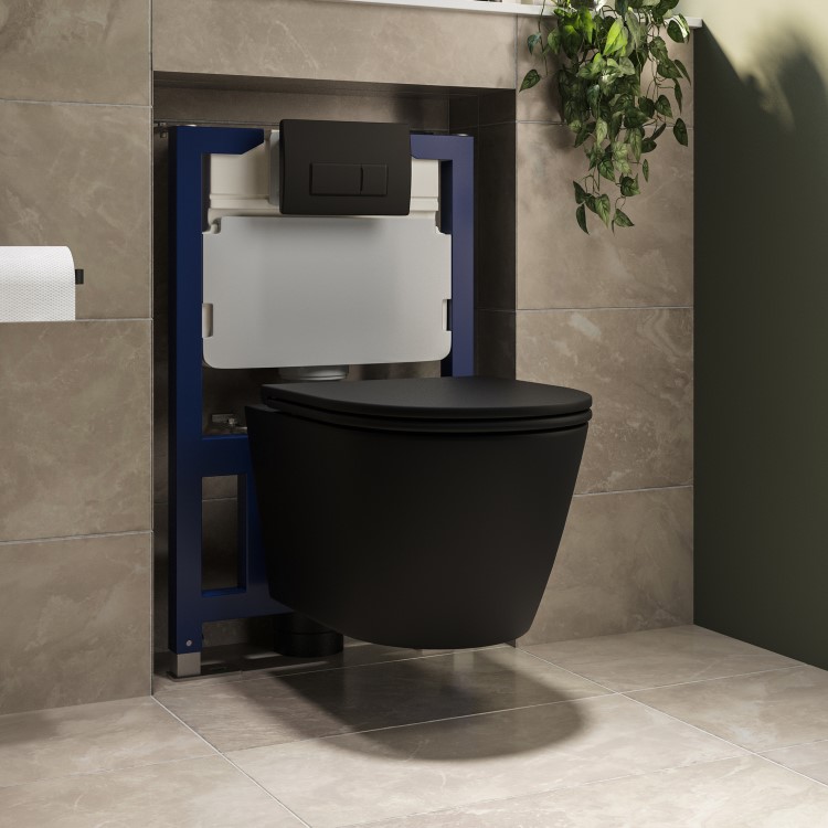 Matt Black Wall Hung Rimless Toilet with Soft Close Seat, Matt Black Pneumatic Flush Plate, 820mm Frame & Cistern - Newport