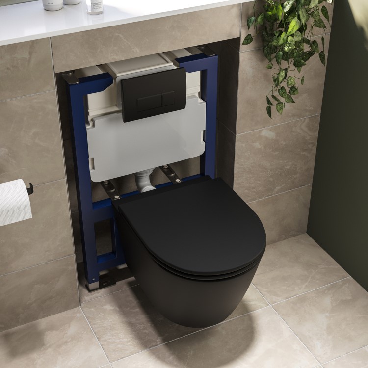 Matt Black Wall Hung Rimless Toilet with Soft Close Seat, Matt Black Pneumatic Flush Plate, 820mm Frame & Cistern - Newport