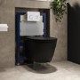 Matt Black Wall Hung Rimless Toilet with Soft Close Seat, White Glass Sensor Pneumatic Flush Plate, 820mm Frame & Cistern - Newport