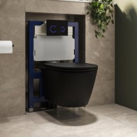 Matt Black Wall Hung Rimless Toilet with Soft Close Seat, Black Glass Sensor Pneumatic Flush Plate, 820mm Frame & Cistern - Newport