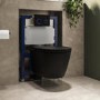 Matt Black Wall Hung Rimless Toilet with Soft Close Seat, Black Glass Sensor Pneumatic Flush Plate, 820mm Frame & Cistern - Newport