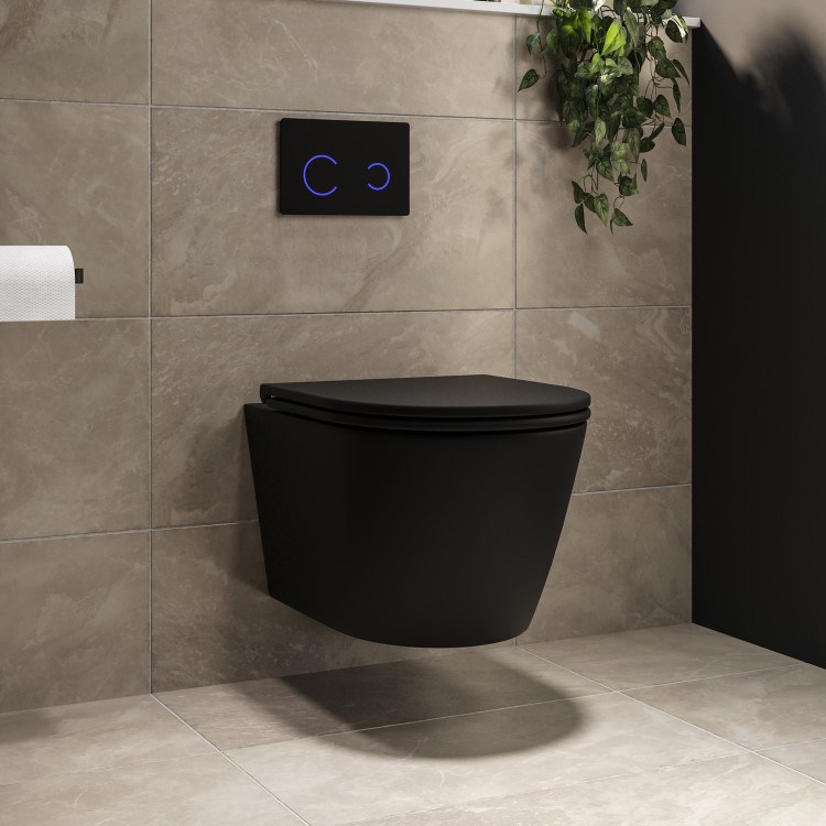 Matt Black Wall Hung Rimless Toilet with Soft Close Seat, Black Glass Sensor Pneumatic Flush Plate, 820mm Frame & Cistern - Newport