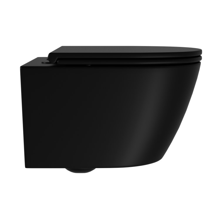 Matt Black Wall Hung Rimless Toilet with Soft Close Seat, Chrome Pneumatic Flush Plate, 820mm Frame & Cistern - Newport