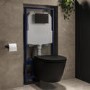 Matt Black Wall Hung Rimless Toilet with Soft Close Seat, Matt Black Mechanical Flush Plate with 1160mm Frame & Cistern - Newport