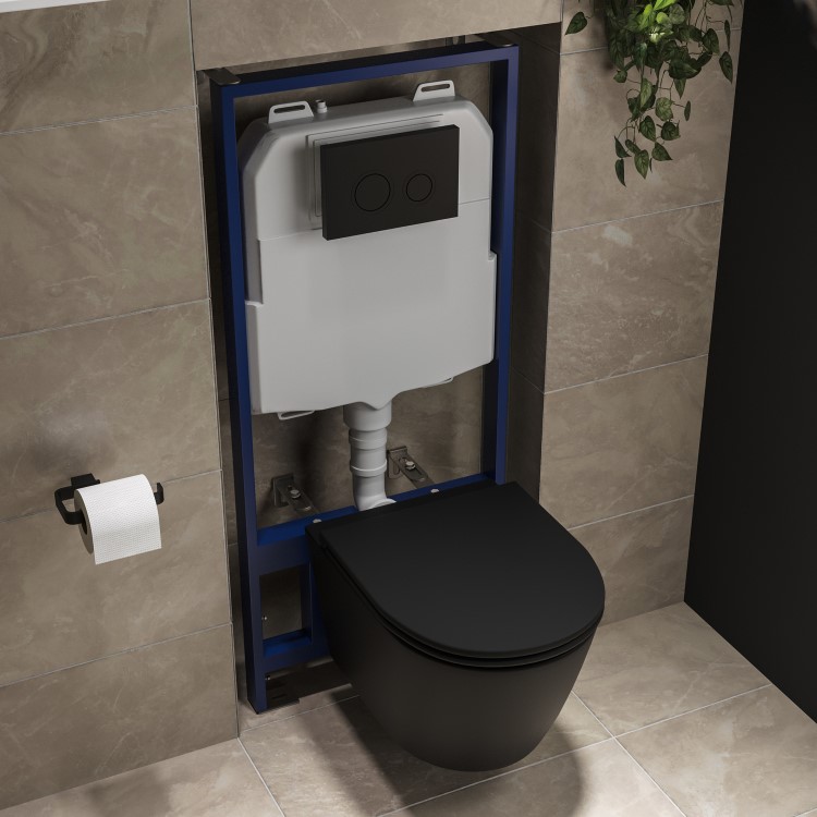 Matt Black Wall Hung Rimless Toilet with Soft Close Seat, Matt Black Mechanical Flush Plate with 1160mm Frame & Cistern - Newport