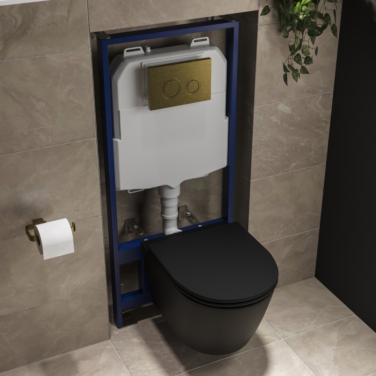 Matt Black Wall Hung Rimless Toilet with Soft Close Seat, Brushed Brass Mechanical Flush Plate with 1160mm Frame & Cistern - Newport