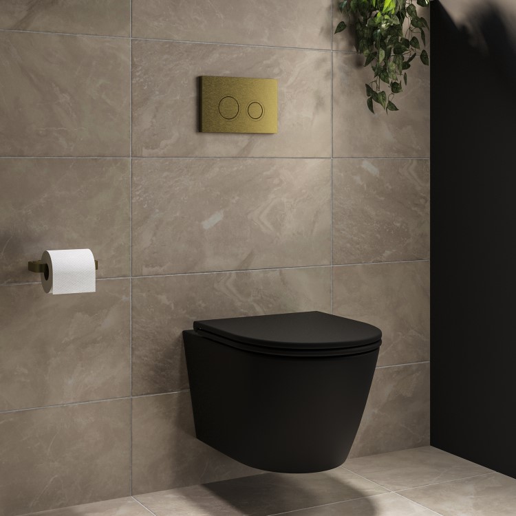 Matt Black Wall Hung Rimless Toilet with Soft Close Seat, Brushed Brass Mechanical Flush Plate with 1160mm Frame & Cistern - Newport