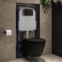 Matt Black Wall Hung Rimless Toilet with Close Seat, Matt Black Pneumatic Flush Plate, 1170mm Frame & Cistern - Newport