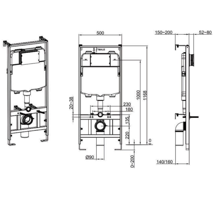 Matt White Wall Hung Rimless Toilet with Soft Close Seat, Brushed Brass Pneumatic Flush Plate, 1170mm Frame & Cistern - Newport