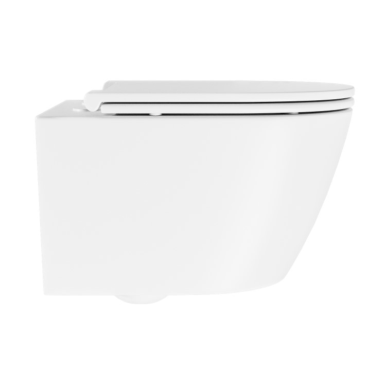 Matt White Wall Hung Rimless Toilet with Soft Close Seat, Brushed Brass Pneumatic Flush Plate, 1170mm Frame & Cistern - Newport