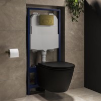 Matt Black Wall Hung Rimless Toilet with Soft Close Seat, Brushed Brass Pneumatic Flush Plate, 1170mm Frame & Cistern - Newport