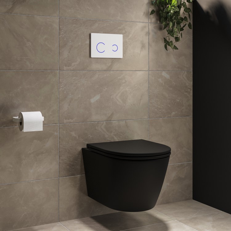 Matt Black Wall Hung Rimless Toilet with Soft Close Seat, White Glass Sensor Pneumatic Flush Plate, 1170mm Frame & Cistern - Newport