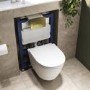 Matt White Wall Hung Rimless Toilet with Soft Close Seat, Brushed Brass Pneumatic Flush Plate, 820mm Frame & Cistern - Newport