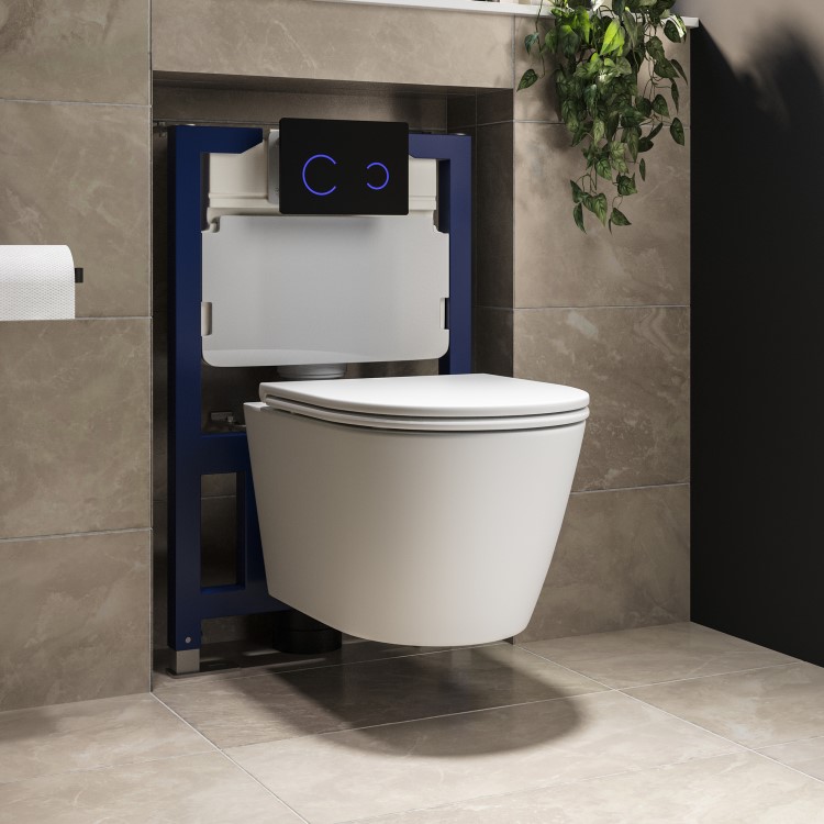 Matt White Wall Hung Rimless Toilet with Soft Close Seat, Black Glass Sensor Pneumatic Flush Plate, 820mm Frame & Cistern - Newport