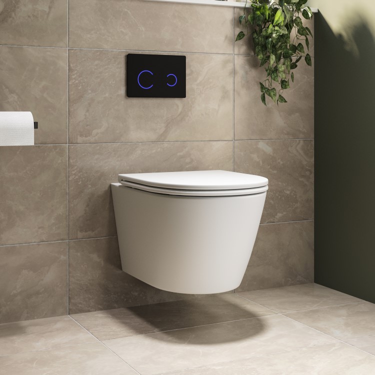 Matt White Wall Hung Rimless Toilet with Soft Close Seat, Black Glass Sensor Pneumatic Flush Plate, 820mm Frame & Cistern - Newport