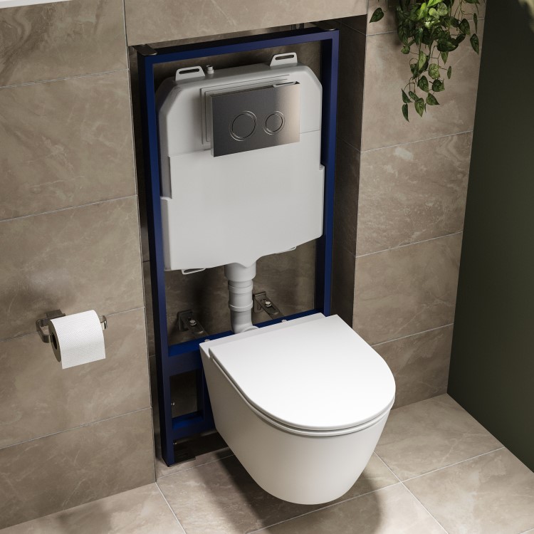 Matt White Wall Hung Rimless Toilet with Soft Close Seat, Chrome Mechanical Flush Plate with 1160mm Frame & Cistern - Newport