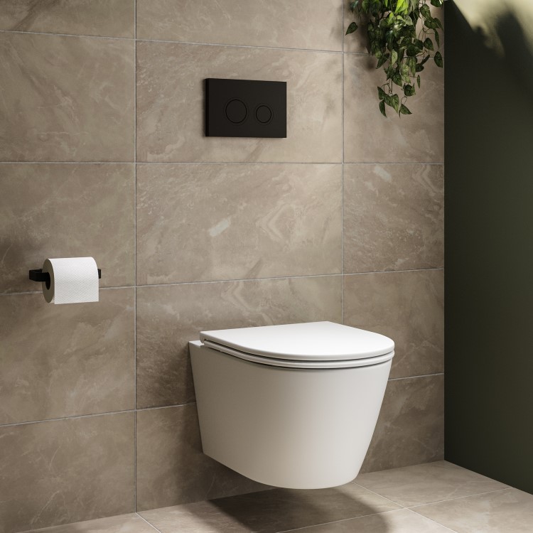 Matt White Wall Hung Rimless Toilet with Soft Close Seat, Matt Black Mechanical Flush Plate with 1160mm Frame & Cistern - Newport