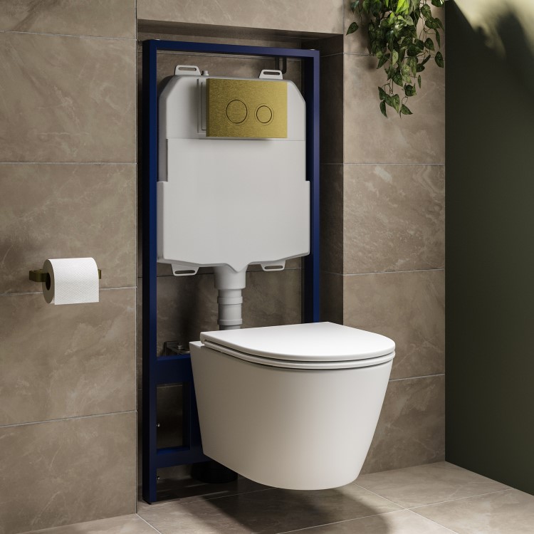 Matt White Wall Hung Rimless Toilet with Soft Close Seat, Brushed Brass Mechanical Flush Plate with 1160mm Frame & Cistern - Newport