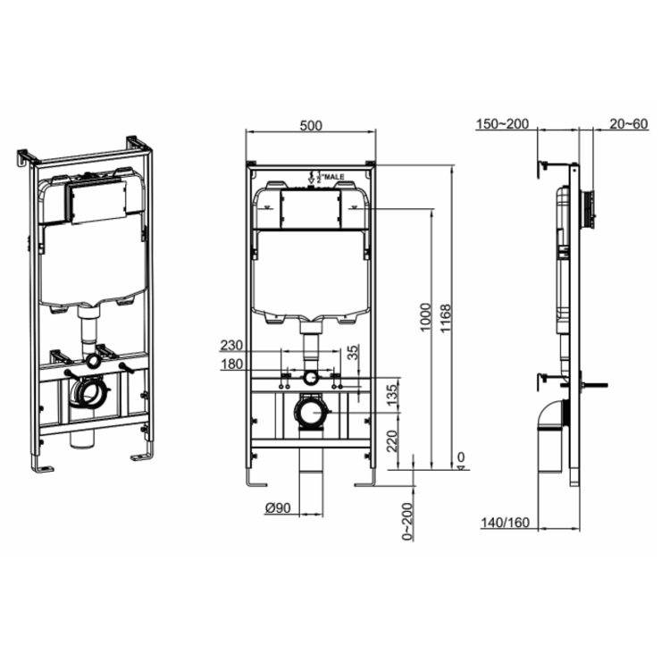 Matt White Wall Hung Rimless Toilet with Soft Close Seat, Matt Black Mechanical Flush Plate with 1160mm Frame & Cistern - Newport