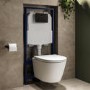 Matt White Wall Hung Rimless Toilet with Close Seat, Matt Black Pneumatic Flush Plate, 1170mm Frame & Cistern - Newport