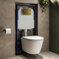 Matt White Wall Hung Rimless Toilet with Soft Close Seat, Brushed Brass Pneumatic Flush Plate, 1170mm Frame & Cistern - Newport