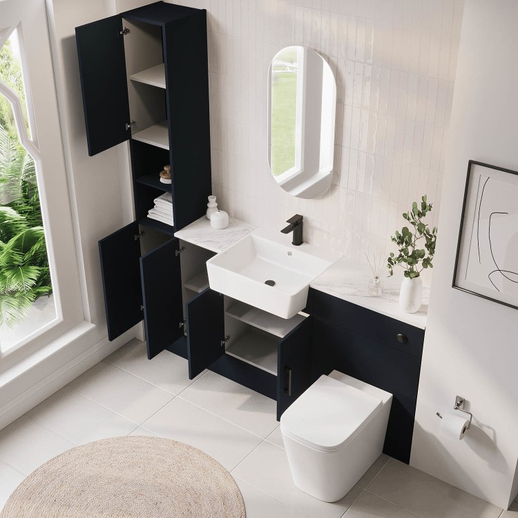 1800mm Blue Toilet and Sink Unit with Storage Units & Black Fittings - Ontario