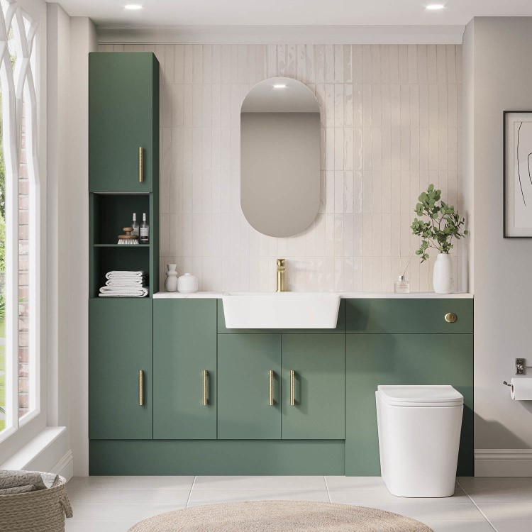 1800mm Green Toilet and Sink Unit with Storage Units & Brass Fittings - Ontario