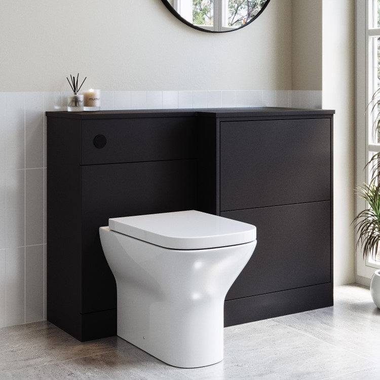 1100mm Black Right Hand Toilet and Sink Unit with Square Toilet and Matt Black Push Button - Palma