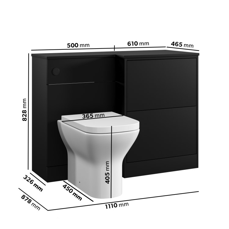 1100mm Black Right Hand Toilet and Sink Unit with Square Toilet and Matt Black Push Button - Palma