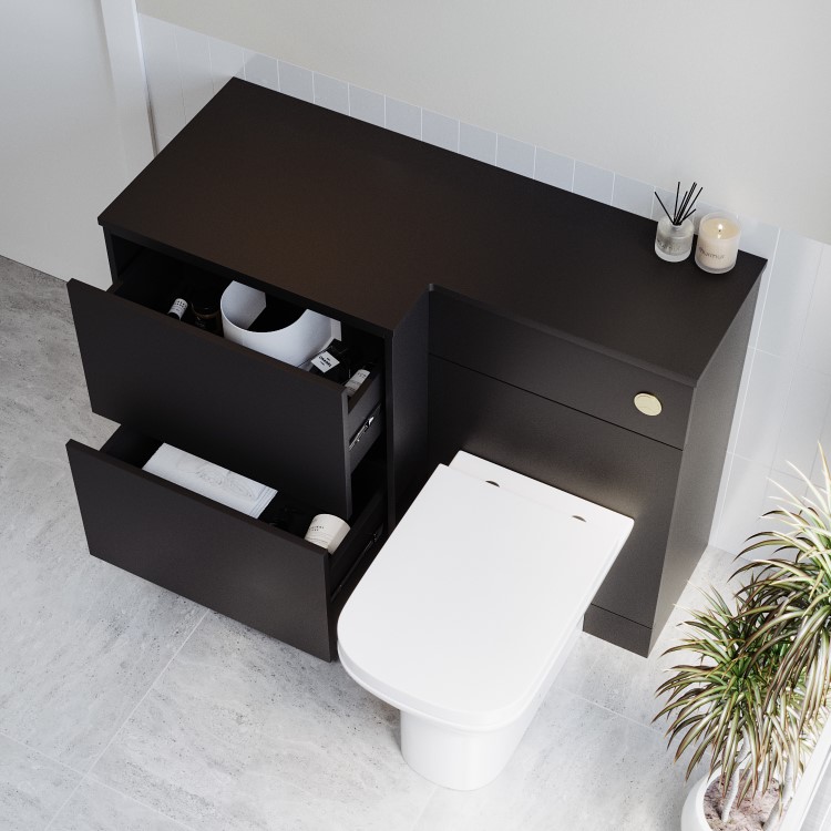 1100mm Black Left Hand Toilet and Sink Unit with Square Toilet and Brushed Brass Push Button - Palma