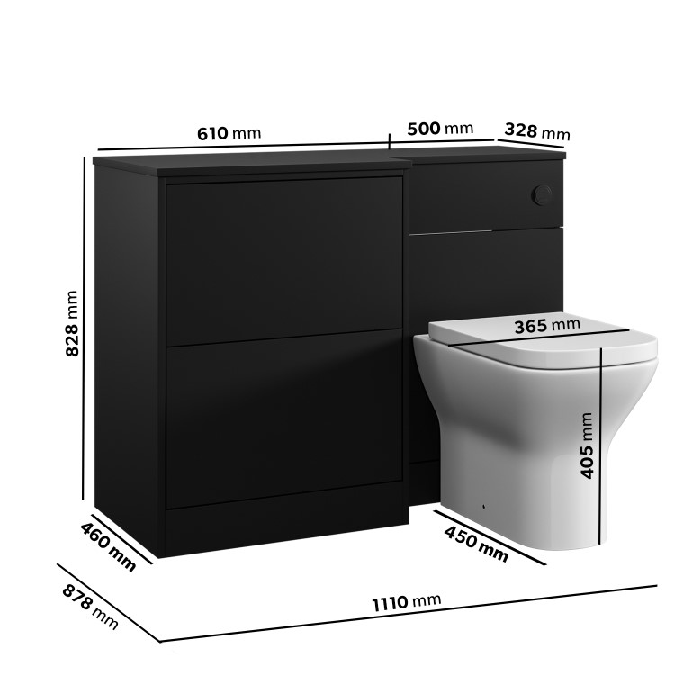 1100mm Black Left Hand Toilet and Sink Unit with Square Toilet and Matt Black Push Button - Palma