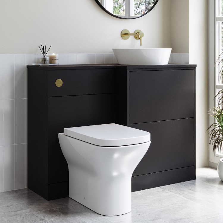 1100mm Black Right Hand Toilet and Sink Unit with Triangular Countertop Basin and Brass Fittings - Palma