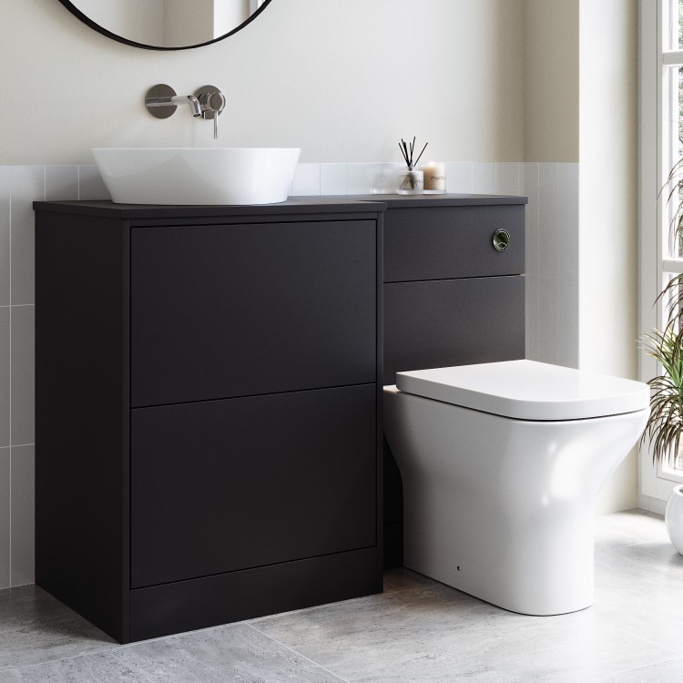 1100mm Black Left Hand Toilet and Sink Unit with Triangular Countertop Basin and Chrome Push Button - Palma