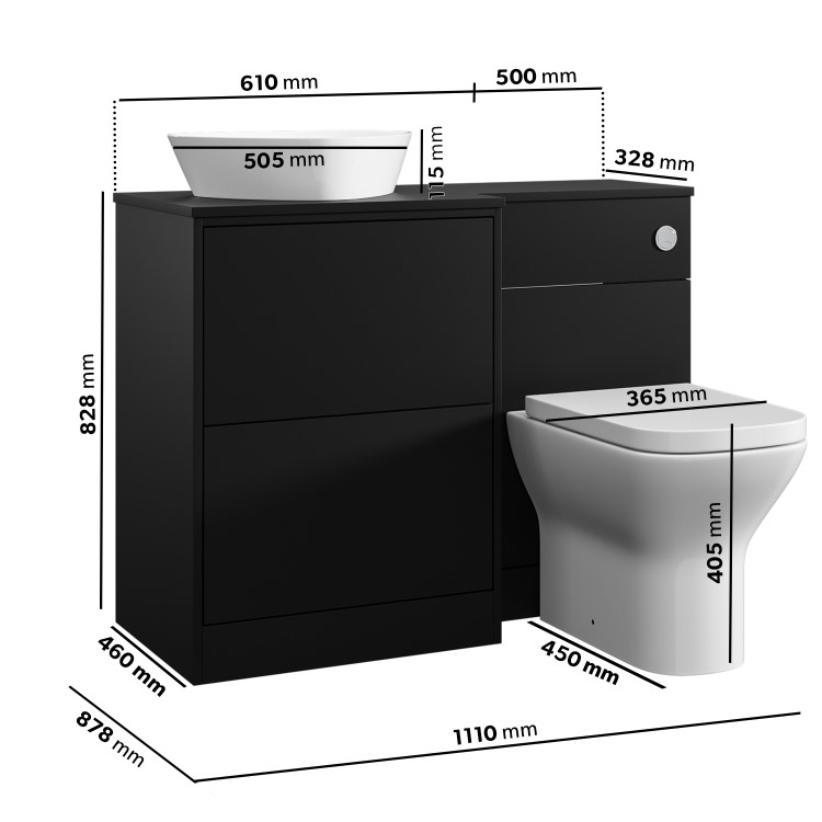 1100mm Black Left Hand Toilet and Sink Unit with Triangular Countertop Basin and Chrome Push Button - Palma