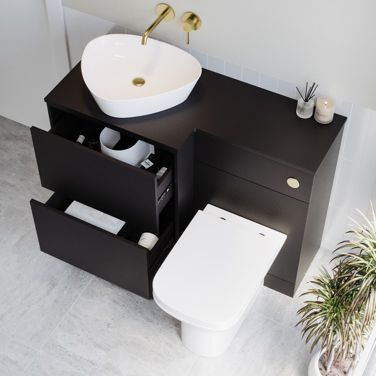 1100mm Black Left Hand Toilet and Sink Unit with Triangular Countertop Basin and Brushed Brass Push Button - Palma