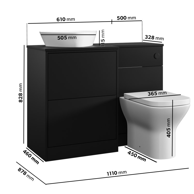 1100mm Black Left Hand Toilet and Sink Unit with Triangular Countertop Basin and Matt Black Push Button- Palma